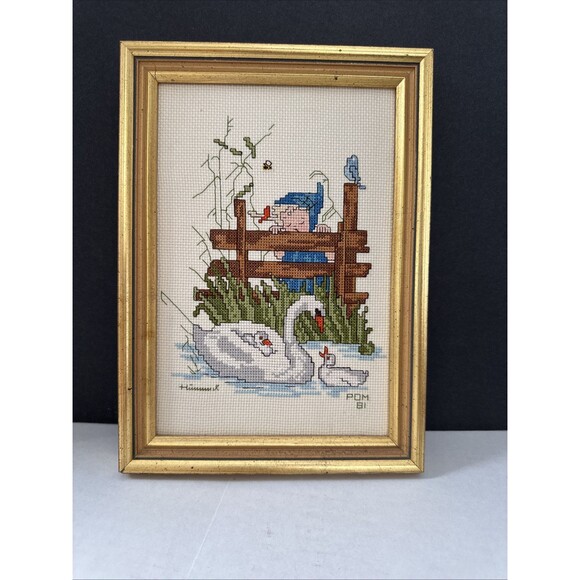 Vintage Finished Girl Hummel Swans Wall Decor Art Framed 7.5”x10.5” Handmade - Picture 1 of 6